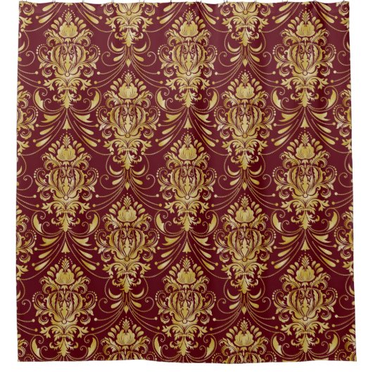  Gold Damask Patroon boven Burgundy Red Douchegordijn (Voorkant)