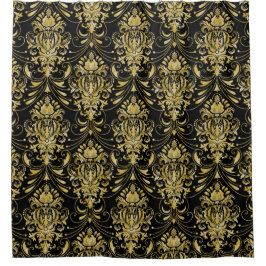 Gold Damask-patroon boven zwart Douchegordijn