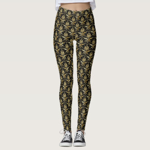Gold Damask-patroon op zwarte achtergrond Leggings