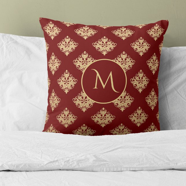 Gold Damask Patroonmonogram op rood Kussen (Creator heeft geüpload)