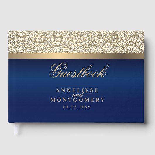 Gold Damask Pattern en Navy Blue Gastenboek (Voorkant)