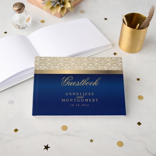 Gold Damask Pattern en Navy Blue Gastenboek (Voorkant open)
