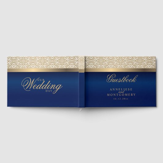 Gold Damask Pattern en Navy Blue Gastenboek (Volledig)