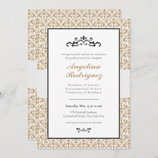 Gold Damask Pattern Foto Afstuderen Invitation Kaart (Voorkant / Achterkant)