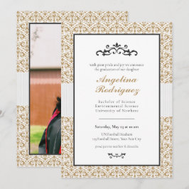 Gold Damask Pattern Foto Afstuderen Invitation Kaart