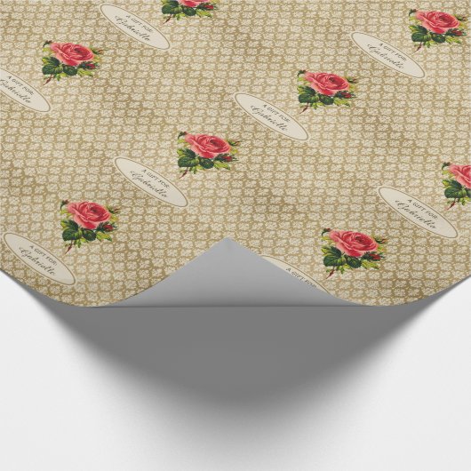  Gold Damask Pattern roze Rose en naam Cadeaupapier (Hoek)