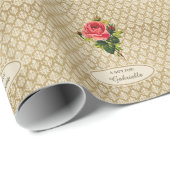  Gold Damask Pattern roze Rose en naam Cadeaupapier (Rol Hoek)