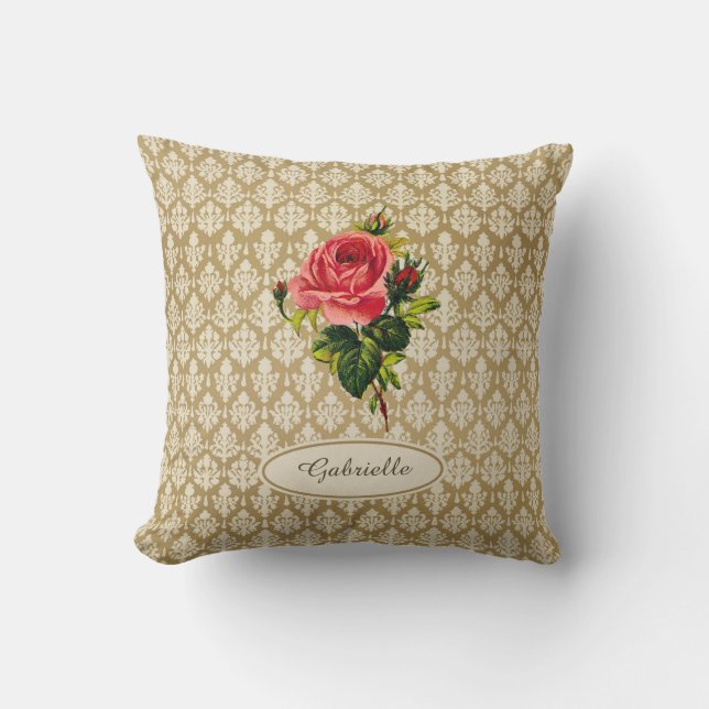  Gold Damask Pattern roze Rose en naam Kussen (Voorkant)