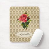  Gold Damask Pattern roze Rose en naam Muismat (Met muis)