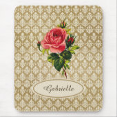 Gold Damask Pattern roze Rose en naam Muismat (Voorkant)
