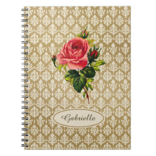 Gold Damask Pattern roze Rose en naam Notitieboek