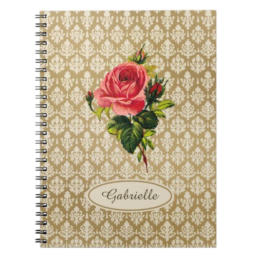  Gold Damask Pattern roze Rose en naam Notitieboek (Voorkant)