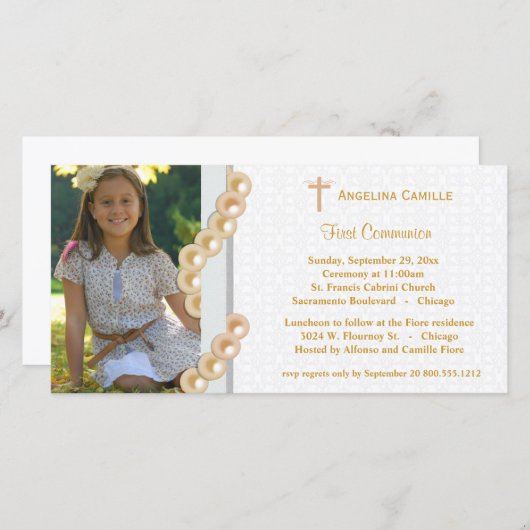 Gold Damask Pearls First Communifoto Uitnodiging (Voorkant / Achterkant)