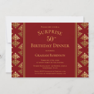 Gold Damask Red Surprise 50th Birthday Dinner Kaart