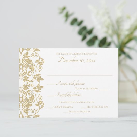 Gold Damask-respons RSVP Kaartje (Staand voorkant)