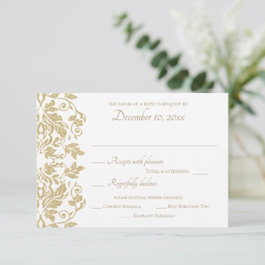 Gold Damask-respons RSVP Kaartje (Staand voorkant)