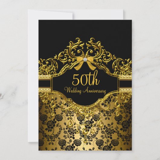 Gold Damask & Roos 50e Jubileum Invite Kaart (Voorkant)
