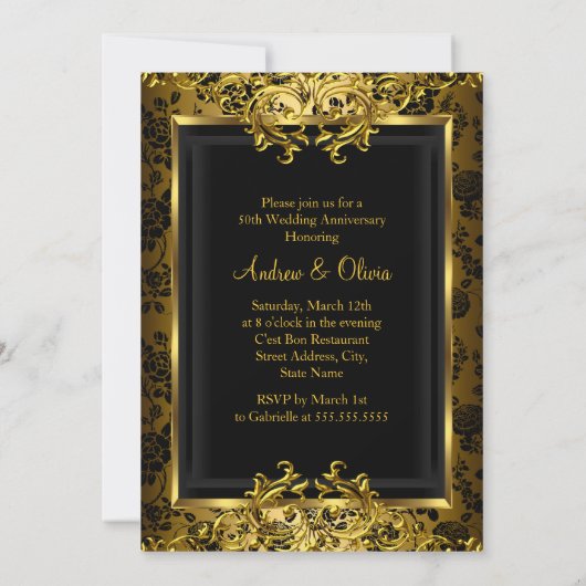 Gold Damask & Roos 50e Jubileum Invite Kaart (Achterkant)
