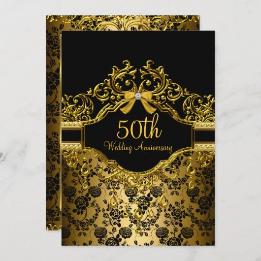 Gold Damask & Roos 50e Jubileum Invite Kaart (Voorkant / Achterkant)
