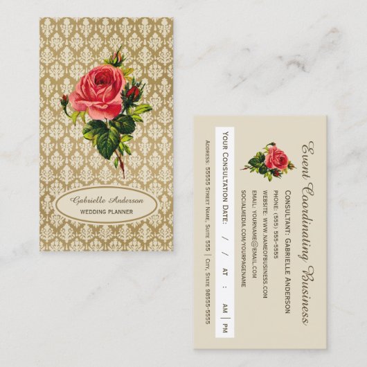 Gold Damask Roze Rose Event Planner Visitekaartje (Voorkant / Achterkant)