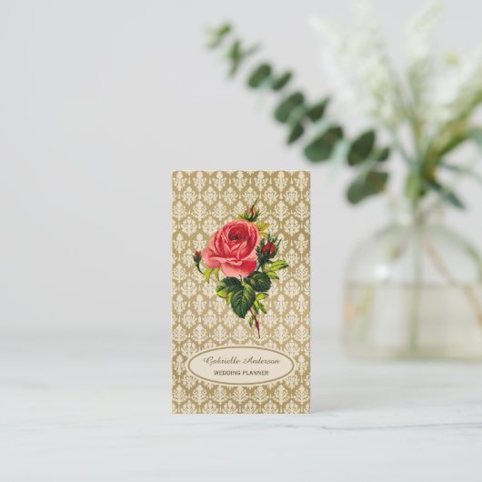  Gold Damask Roze Rose Event Planner Visitekaartje (Staand voorkant)