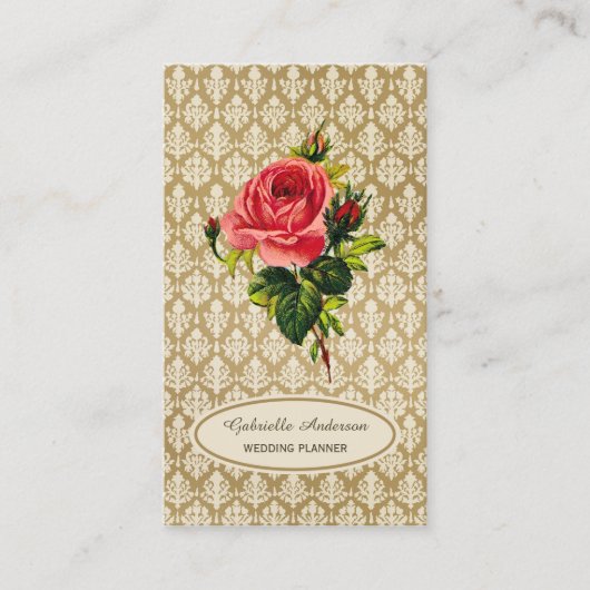  Gold Damask Roze Rose Event Planner Visitekaartje (Voorkant)