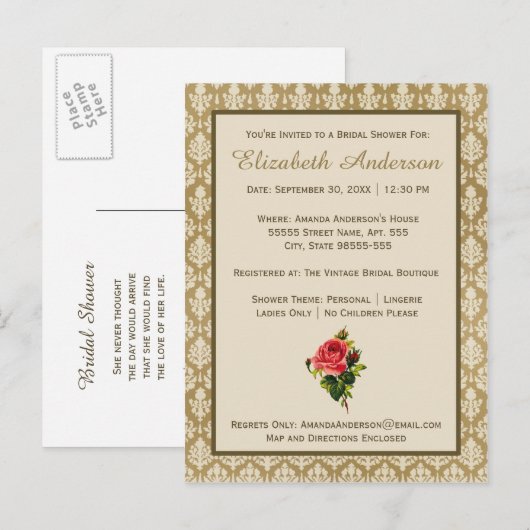  Gold Damask roze Rose Vrijgezellenfeest Uitnodiging Briefkaart (Voorkant / Achterkant)