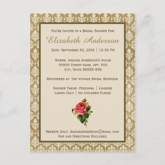 Gold Damask roze Rose Vrijgezellenfeest Uitnodiging Briefkaart (Voorkant)