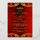 Gold Damask Ruby Red Quinceanera 15th Folie Uitnodiging (Voorkant)