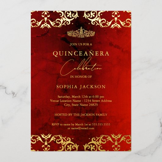 Gold Damask Ruby Red Quinceanera 15th Folie Uitnodiging (Voorkant)