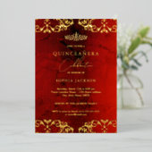 Gold Damask Ruby Red Quinceanera 15th Folie Uitnodiging (Staand Voorkant)