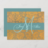 Gold Damask Save the Date Briefkaart | Blauw (Voorkant / Achterkant)