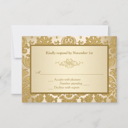 Gold Damask, Scroll 50th Jubileum Reply Card RSVP Kaartje (Voorkant)