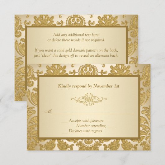 Gold Damask, Scroll 50th Jubileum Reply Card RSVP Kaartje (Voorkant / Achterkant)