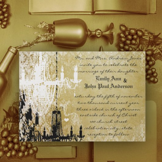 Gold Damask Vintage Chandelier Wedding Invitation Kaart