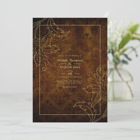 Gold  Damask Wedding Kaart (Staand voorkant)