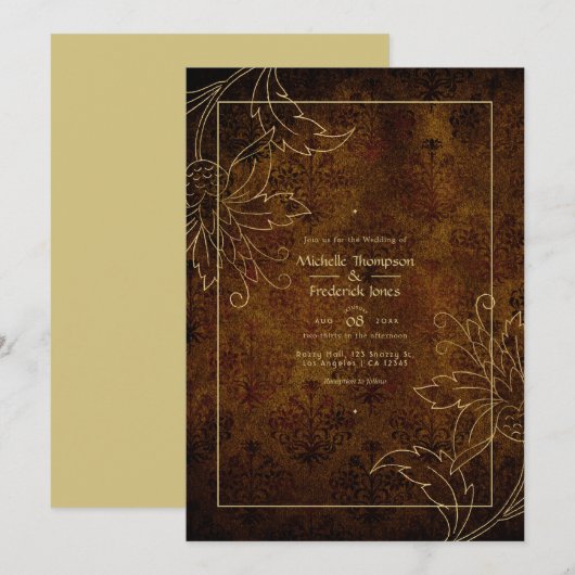 Gold  Damask Wedding Kaart (Voorkant / Achterkant)