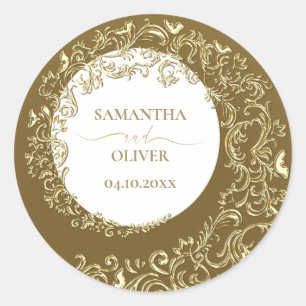 Gold Damask Wedding Ronde Sticker
