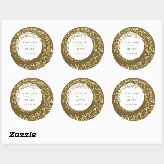 Gold Damask Wedding Ronde Sticker (Vel)