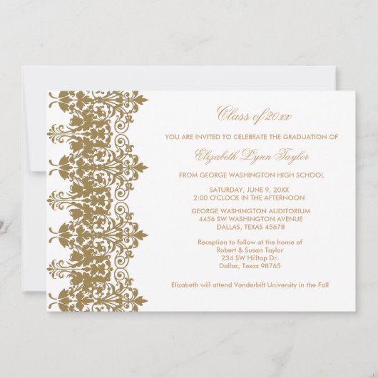Gold Damask & White Afstuderen aangekondigd Kaart (Voorkant)