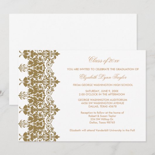 Gold Damask & White Afstuderen aangekondigd Kaart (Voorkant / Achterkant)