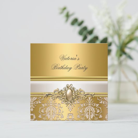 Gold Damask White Cream Birthday Party Pearl Kaart (Staand voorkant)