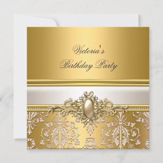 Gold Damask White Cream Birthday Party Pearl Kaart (Voorkant)