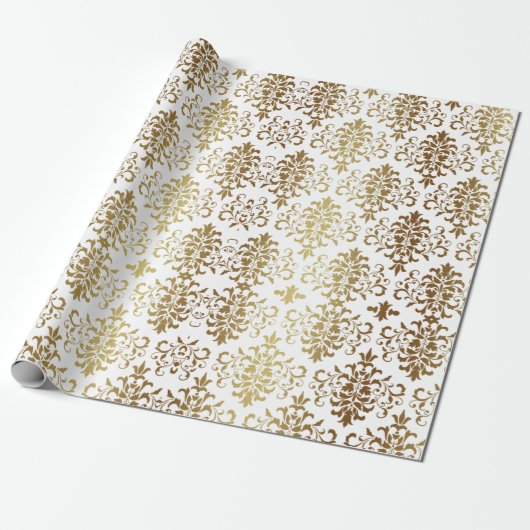 Gold Damask White Script Elegant Cadeaupapier (Uitgerold)