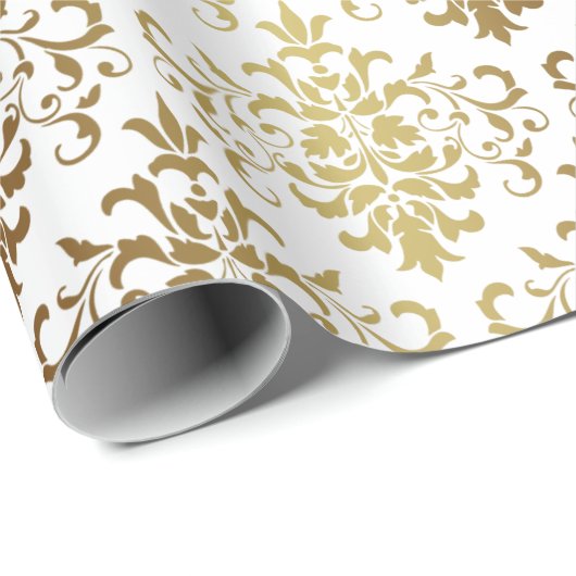 Gold Damask White Script Elegant Cadeaupapier (Rol Hoek)