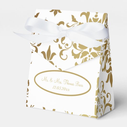 Gold Damask White Script Wedding Elegant Bedankdoosjes (Voorkant Zijde)