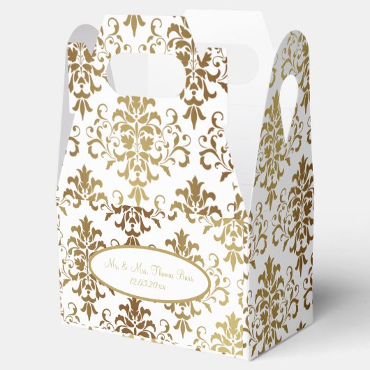Gold Damask White Script Wedding Elegant Bedankdoosjes (Geopend)
