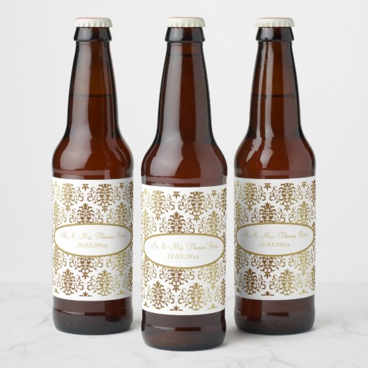 Gold Damask White Script Wedding Elegant Bier Etiket (Flessen)