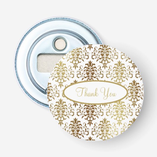 Gold Damask White Script Wedding Elegant Dank je Button Flesopener (Voorkant)