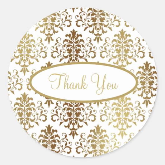Gold Damask White Script Wedding Elegant Dank je Ronde Sticker (Voorkant)